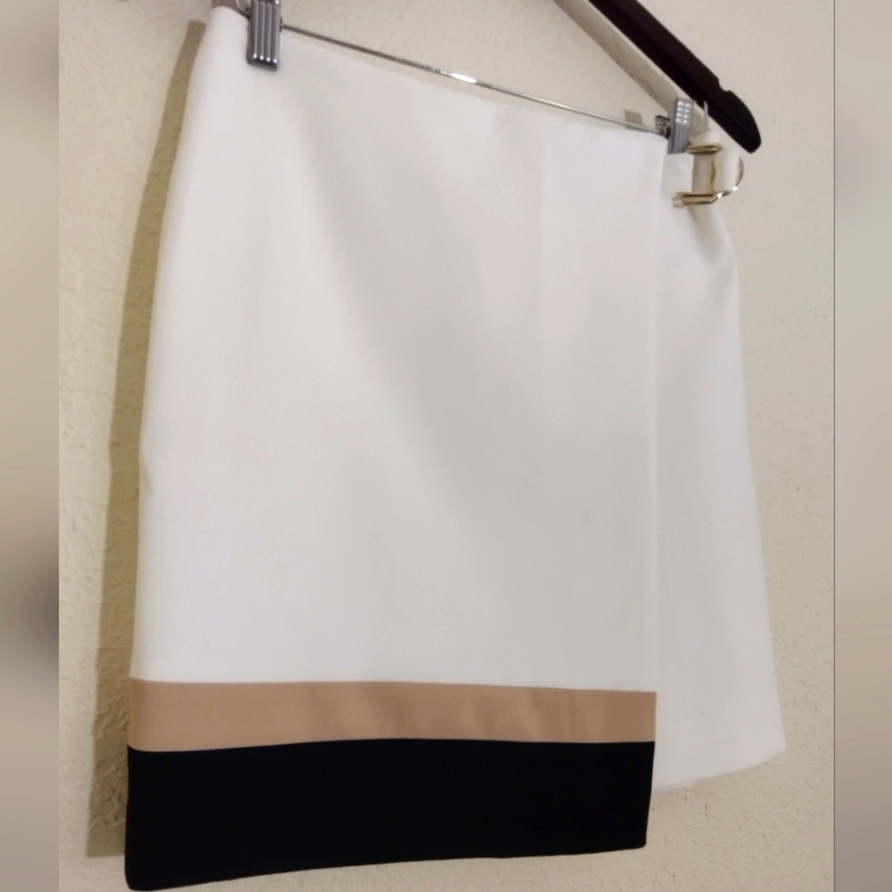 White House Black Market Ivory Tan Black Color Block Wrap Pencil Skirt - Picture 8 of 10